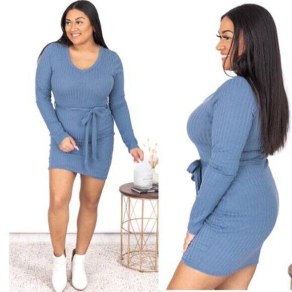 PINK LILY PLUS SIZE RIBBED‎ KNIT MINI BLUE DRESS - Picture 1 of 4